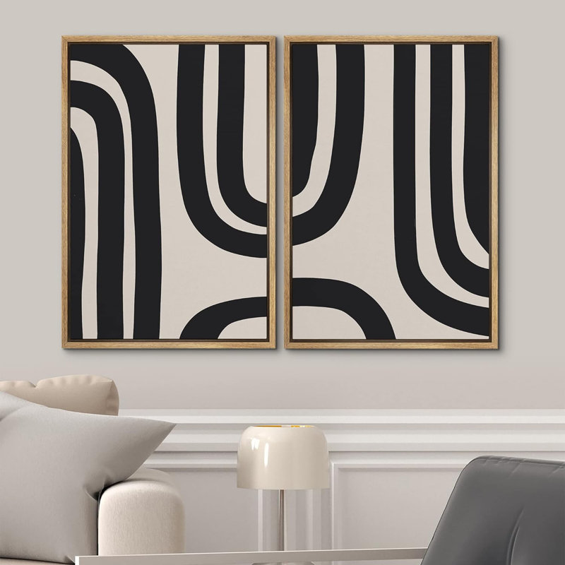 «Geomet Line Shape» Mid Century Modern Black Spiral Abstract Neutral Decor, encadrée sur toile, 2 pièces, Naturel