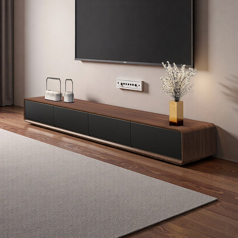 Meuble télé moderne en bois avec plancher, Brun noix / noir, H 13,77 po x L 86,61 po x l 15,74 po