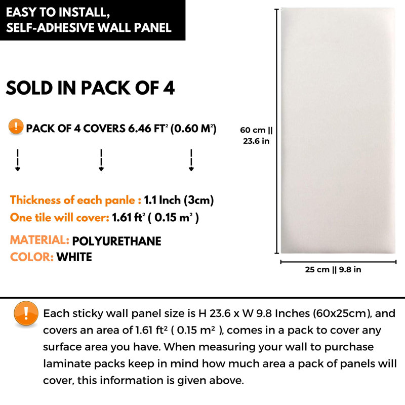 Peel & Stick Padded Wall Panels Wall Cushion Set of 4, White