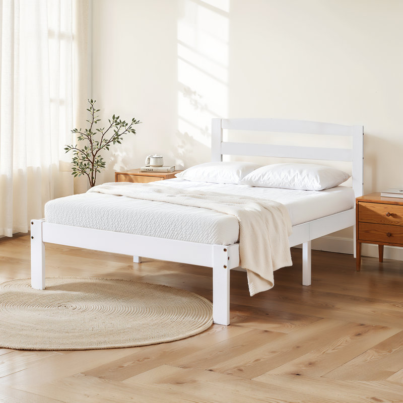 12 Inch Solid Wood Platform Bed Frame with Headboard, No Box Spring Needed and Easy Assembly, Twin, White