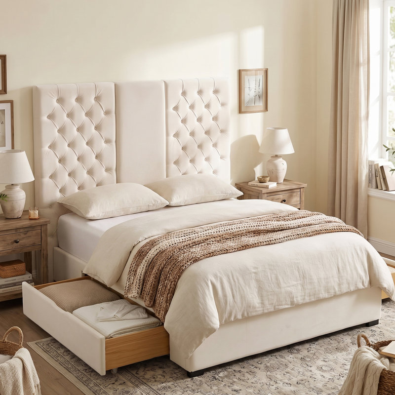 Lit plateforme extra-haut capitonné en velours, style glamour contemporain, avec tiroirs de rangement, Queen, crème, Grand