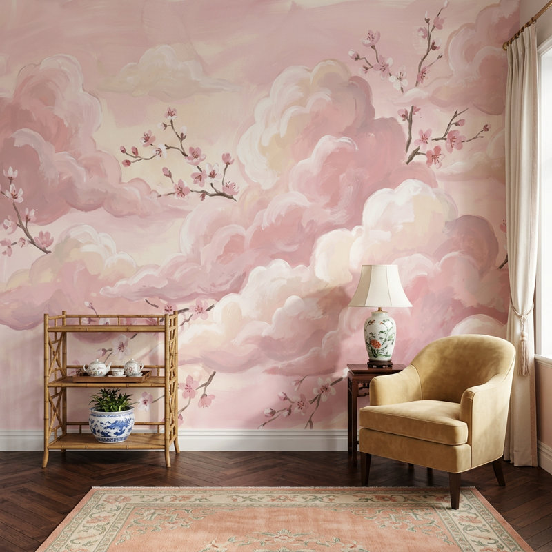 Adhésif mural cerisiers en fleurs roses, 140 po x 108 po, Peel and Stick
