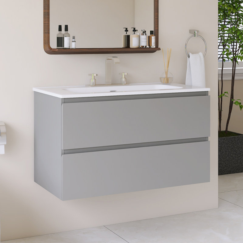 Wall Mounted Single Bathroom Vanity With White Ceramic Integrated Top, Gray, 36"