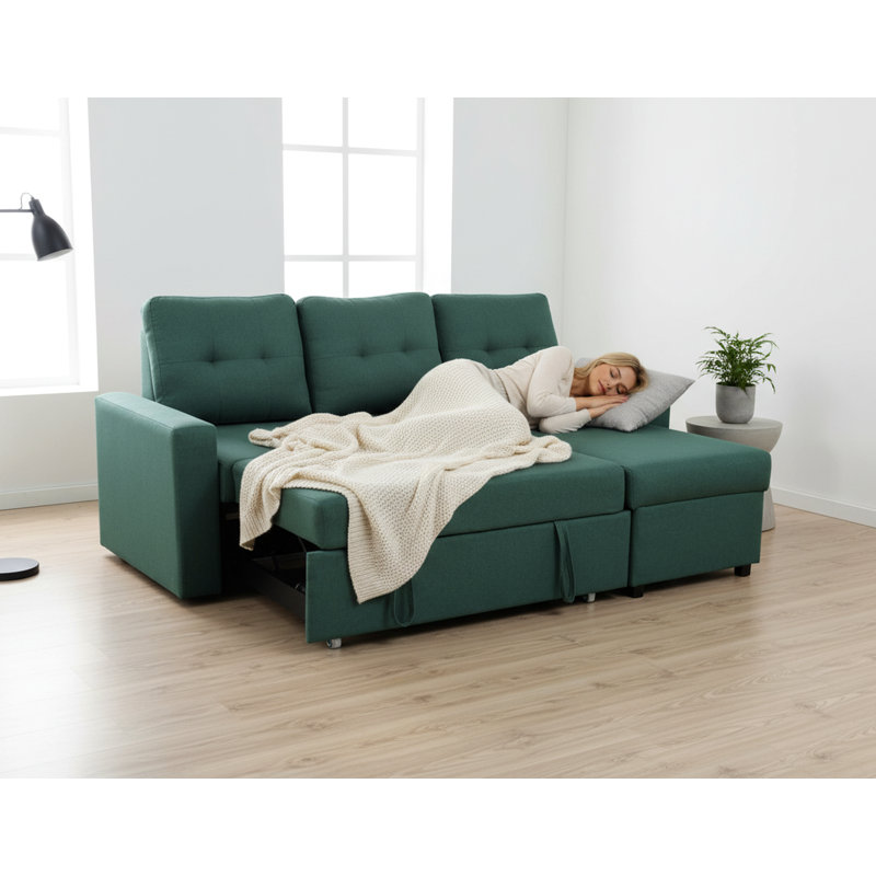 Canapé-lit modulaire en L 2 en 1 avec revêtement en lin et coussins mi-ferme, Bleu-vert