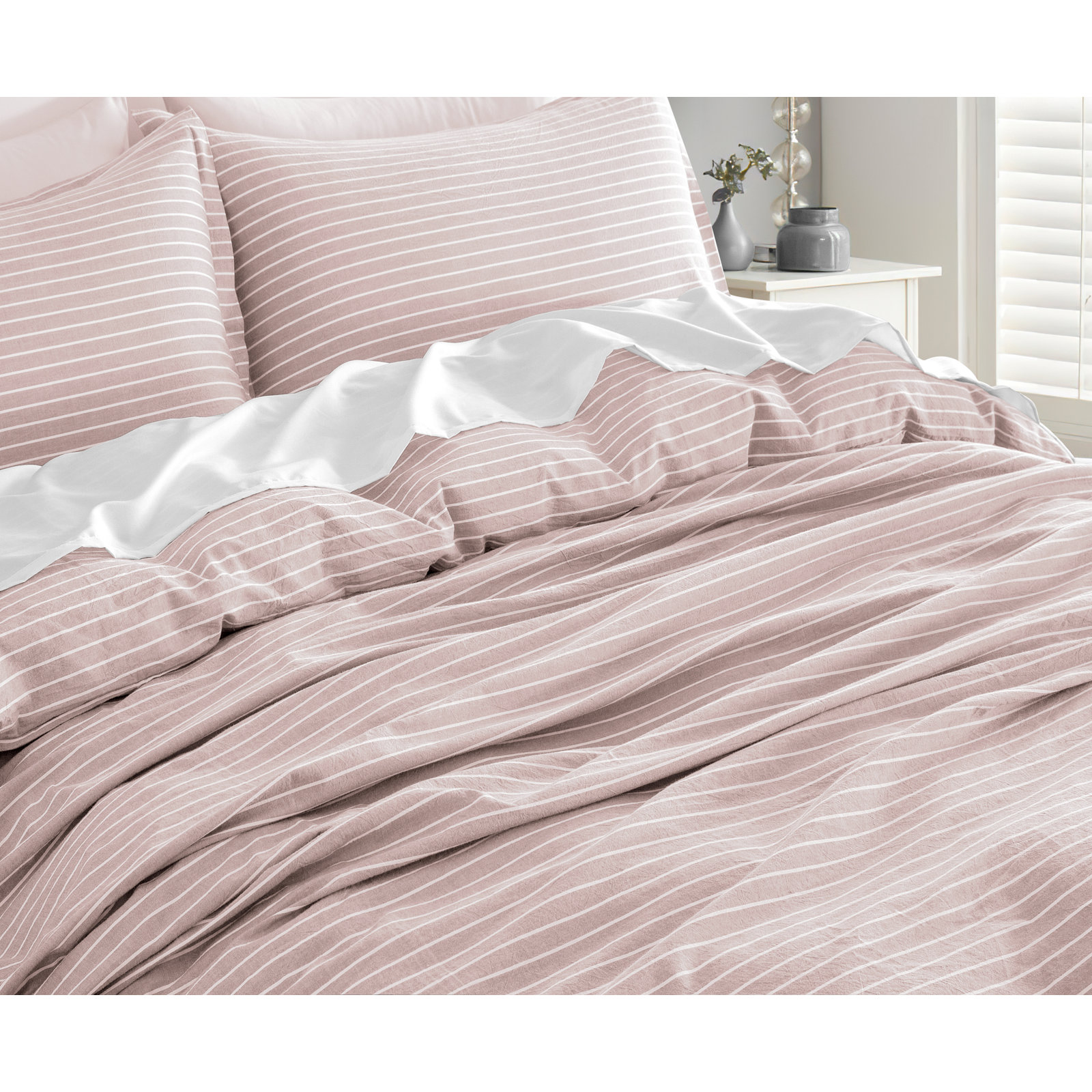 Raba Cotton Percale Duvet Cover Set, Blush/White, Twin Duvet Cover + 2 Queen Pillow Shams
