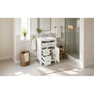 Meuble-lavabo de 24 po avec lavabo en céramique, structure en bois massif avec armoire en bois aggloméré, armoire de rangement de salle de bain avec 1 porte, tiroir rabattable et 2 tiroirs, charnières à fermeture en douceur, tablette réglable, poignées argentées