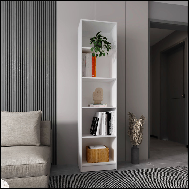 Zachary  5-Shelf Slim Bookcase, Space-Efficient Design For Modern Living And Organized Storage., White