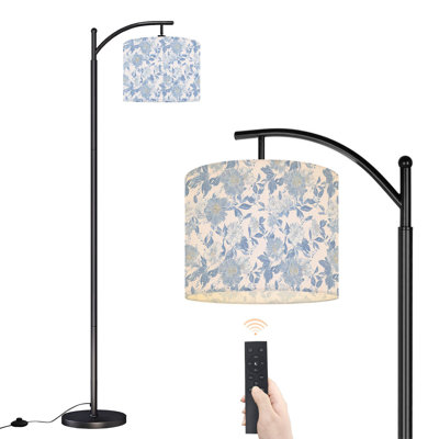 Arc Floor Lamp Vintage blue white floral elegant seamless repeating print hand drawn Floor Lamps with Remote LED Lights Adjustable Lamp Shades Tall Standing Lamps for Reading Office Living Room
