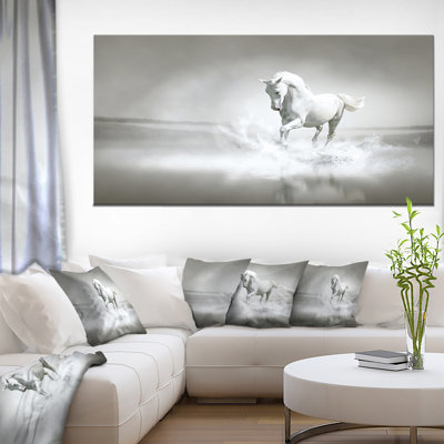 Cheval, reproduction d'art sur toile, cheval blanc qui court dans l'eau