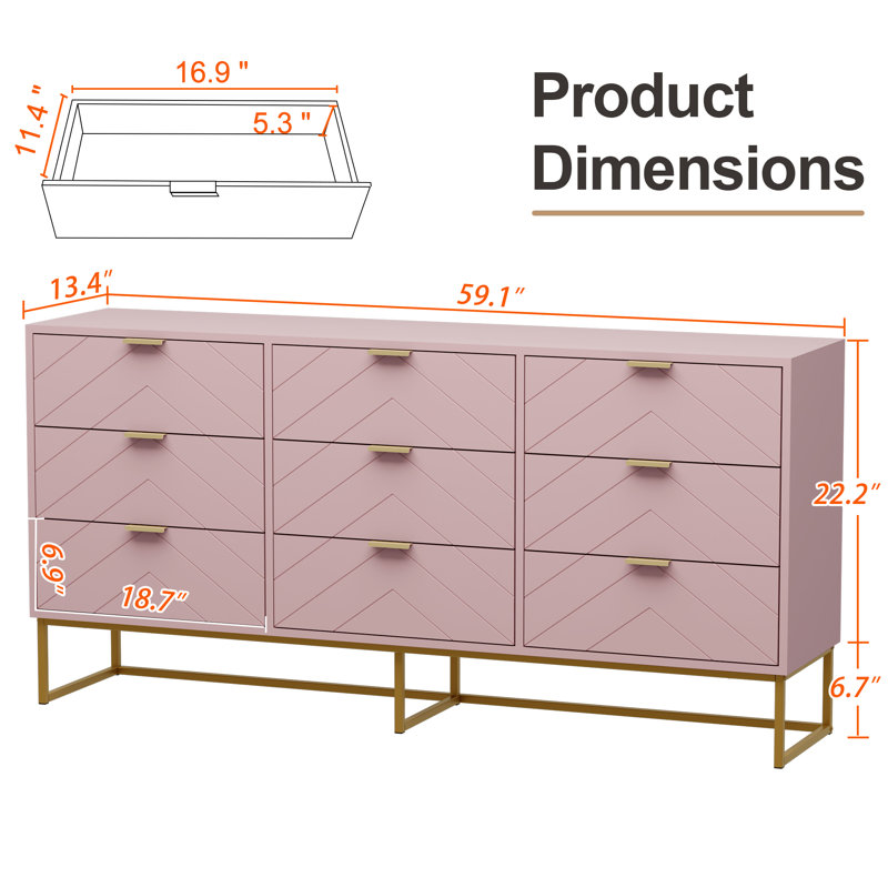 9 - Drawer 59.1"W Double Dresser, Pink