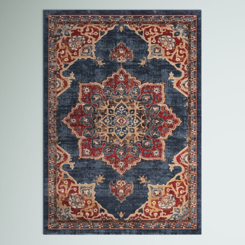 Tapis bleu marine d'inspiration persane Lieveke, Rectangulaire 7 pi 1 po x 10 pi