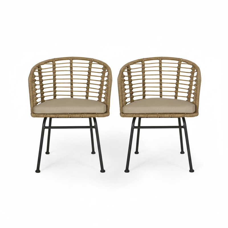 Chaise de patio moderne en osier | Siège de salle à manger en rotin brun et beige en polyéthylène avec coussins résistants à l'eau
