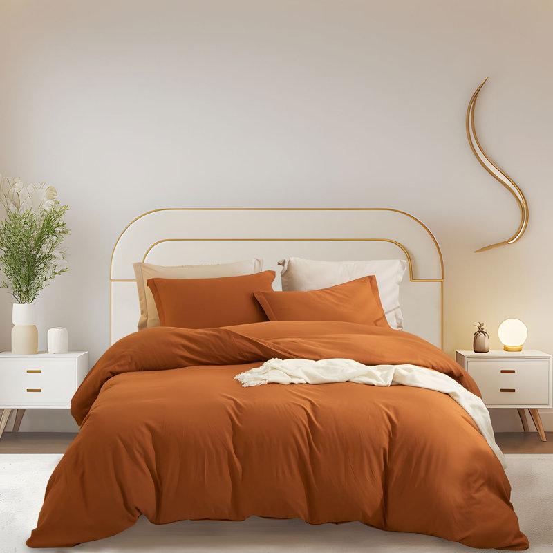  Breathable Washed Microfiber Duvet Cover Set, Twin Duvet Cover + 2 Standard Shams, Brunt Orange