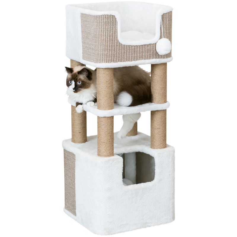 Trixie Lucano 39,8 po Arbre à chat griffes en sisal, condo recouvert de peluche, lits pour chat et plateformes, 2 jouets pour chat suspendus
