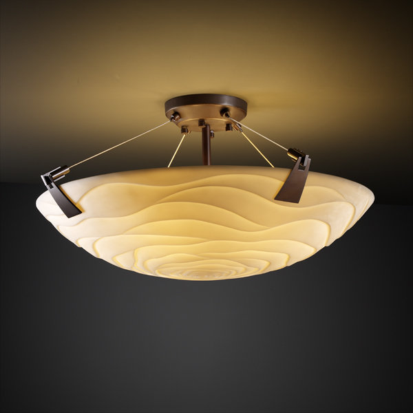 Amany Faux Porcelain Resin Semi Flush Mount, Brushed Nickel, Round Bowl, Banana Leaf