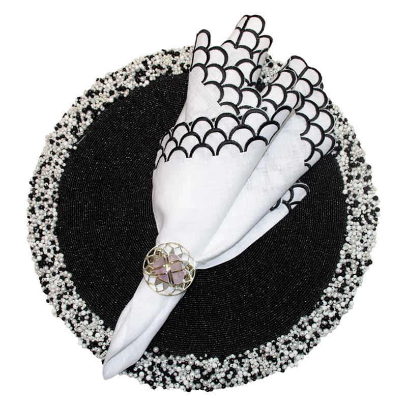 Peacock Linen Napkin, White/Black