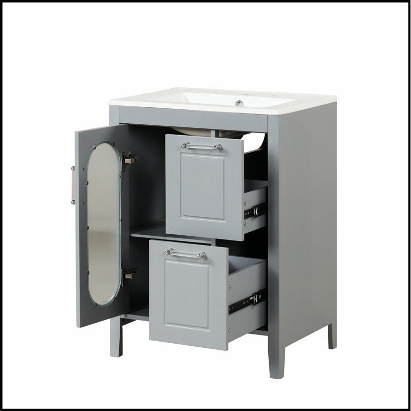 Meuble-lavabo gris 24 po avec lavabo, deux tiroirs, tablette réglable et élégante porte en verre Moru pour salle de bain moderne