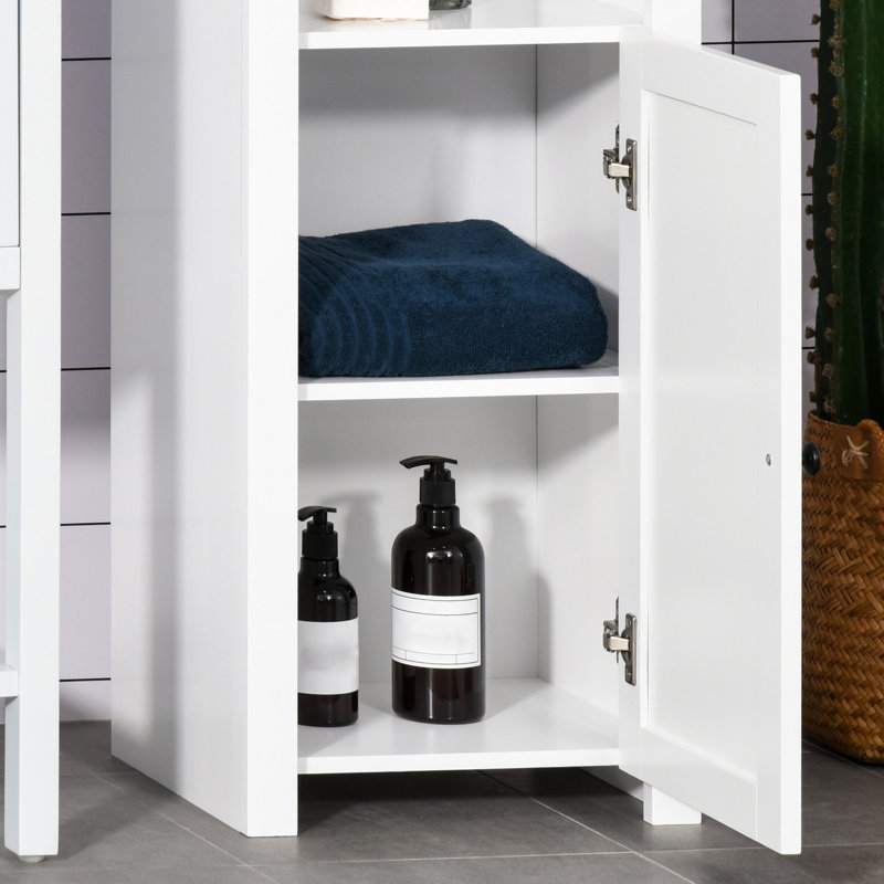 Grande armoire de rangement pour salle de bain, tour à linge autoportante avec tablette à 2 niveaux et 2 armoires, rangement pour plancher étroit, blanc