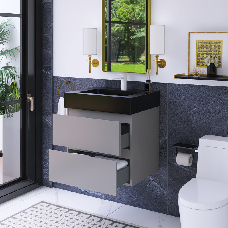 24 po Meuble-lavabo mural à simple cuve W, Noir, noir, noir, noir, Gris