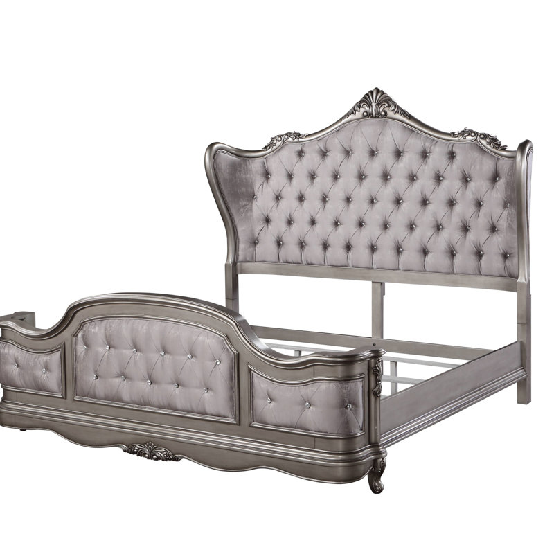 Lit Ariadne en velours et finition platine antique, Grand lit