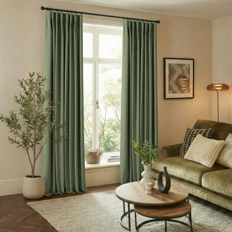 Birglinde Faux Linen Thermal 100% Blackout Curtains Rod Pocket/Ring Clips, 50" W x 108" L, Moss Green