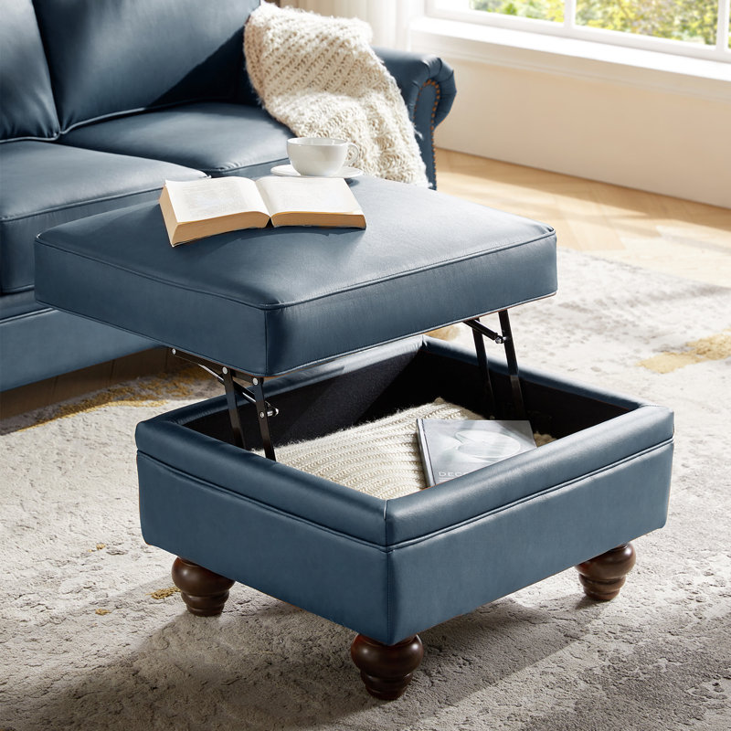 Djuana Transitional 27"W Lift-Top Leather Ottoman with Storage, Navy