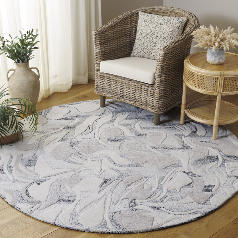 Tapis gris / ivoire en laine / coton touffeté à la main Graciella 740, Rond 6 pi
