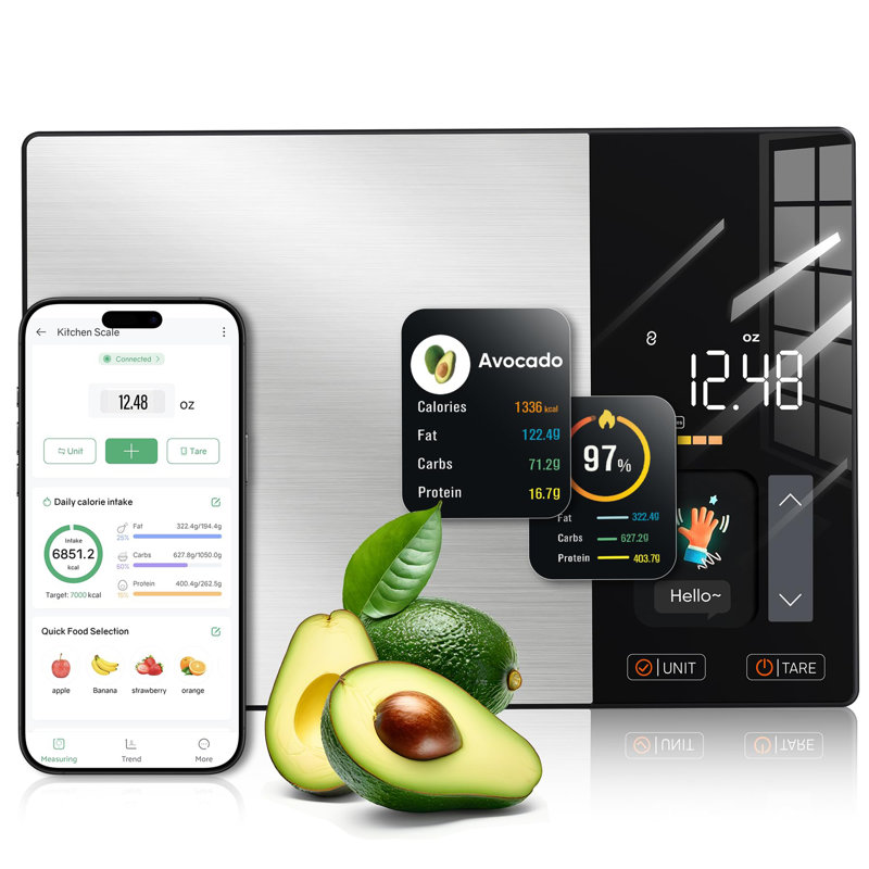 Smart Nutrition Digital Kitchen Scale with TFT Display, Tracks Calories, Fat, Carbs & Protein, App-Connected for Daily Reports, 50 Built-in Foods & 23 Nutrients for Meal Prep & Healthy Eating