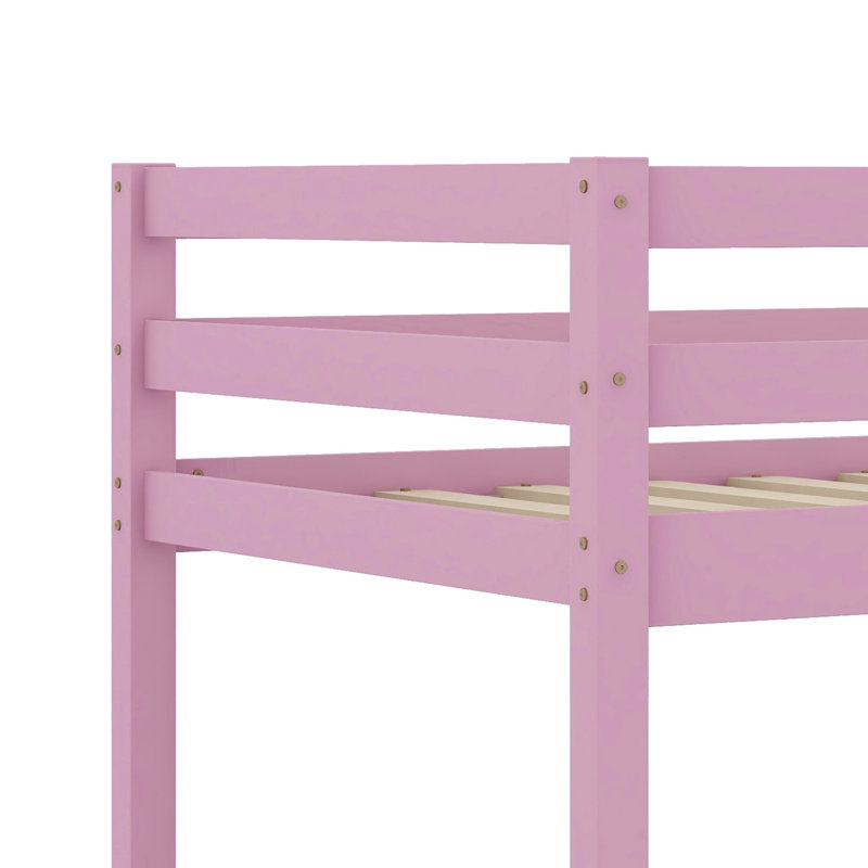 Floor Bunk Bed, Ladder Included and Bed Platform with Strengthened Slats, Pink