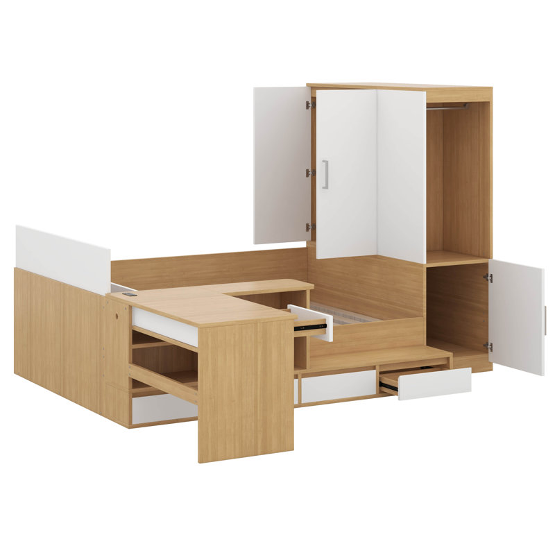 Lit plateforme double avec 6 tiroirs de rangement, lit de jour en bois avec bureau, draps et garde-robe, Naturel