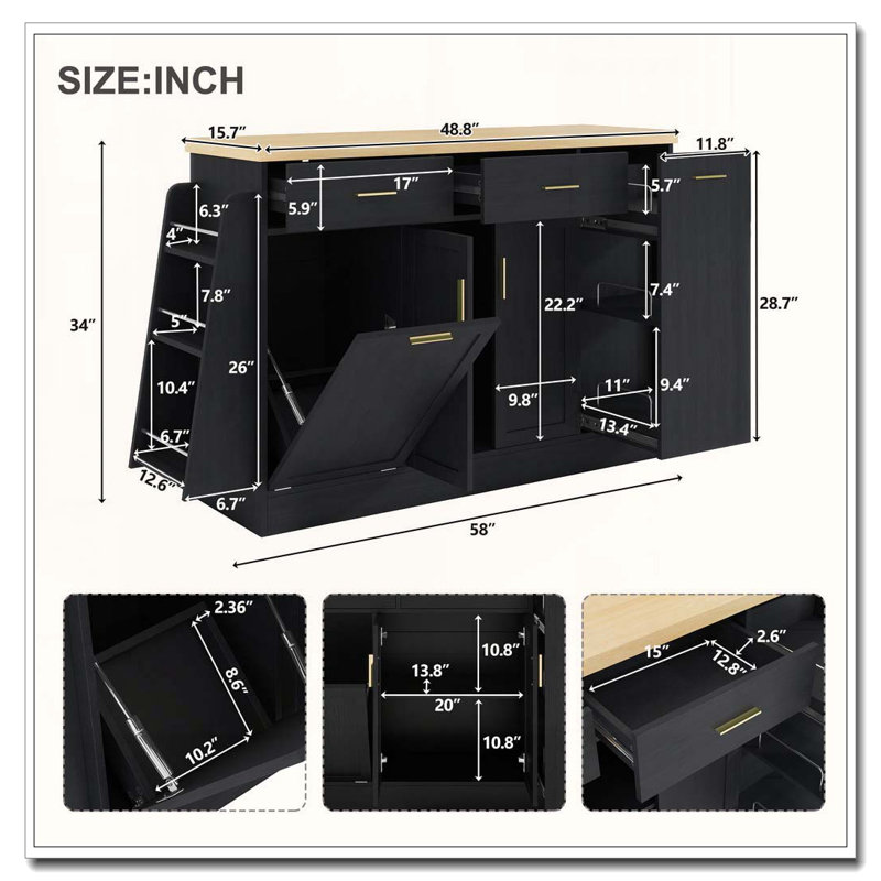 Kitchen Sideboard with Hidden Trash Cabinet, Spice Rack, and Adjustable Shelves, Black