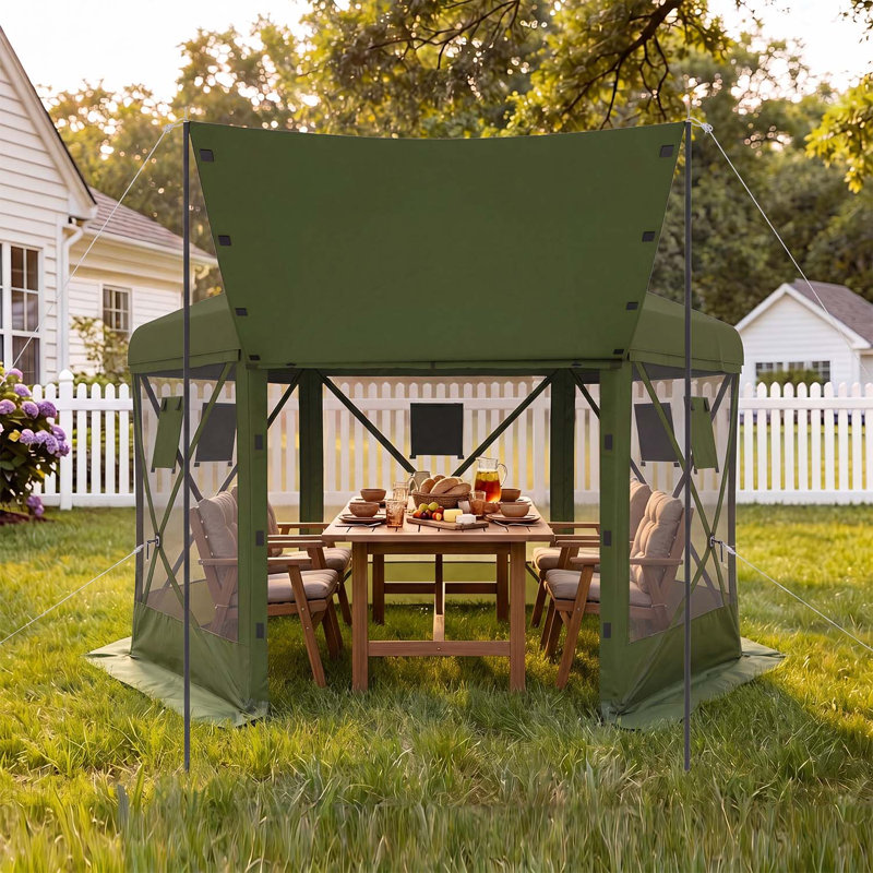 Tente escamotable avec moustiquaire, pavillon de jardin à 6 côtés instantanés, 6 panneaux d'intimité amovibles, Vert