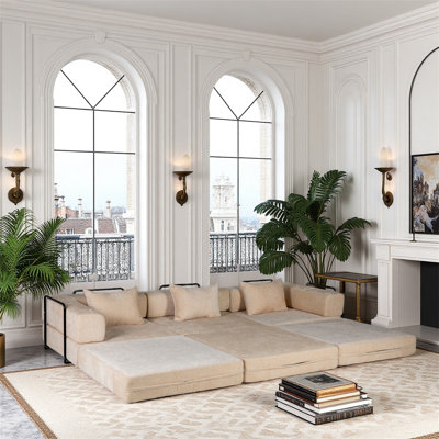 Convertible Chenille Fabric Modular Sofa Set Without Backrests