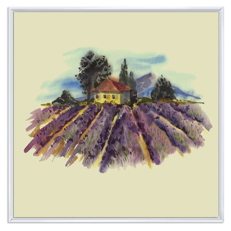 Paysage de printemps avec lavande en fleurs - reproduction sur toile, H 36 po x l 36 po x P 1,5 po, Cadre flottant blanc
