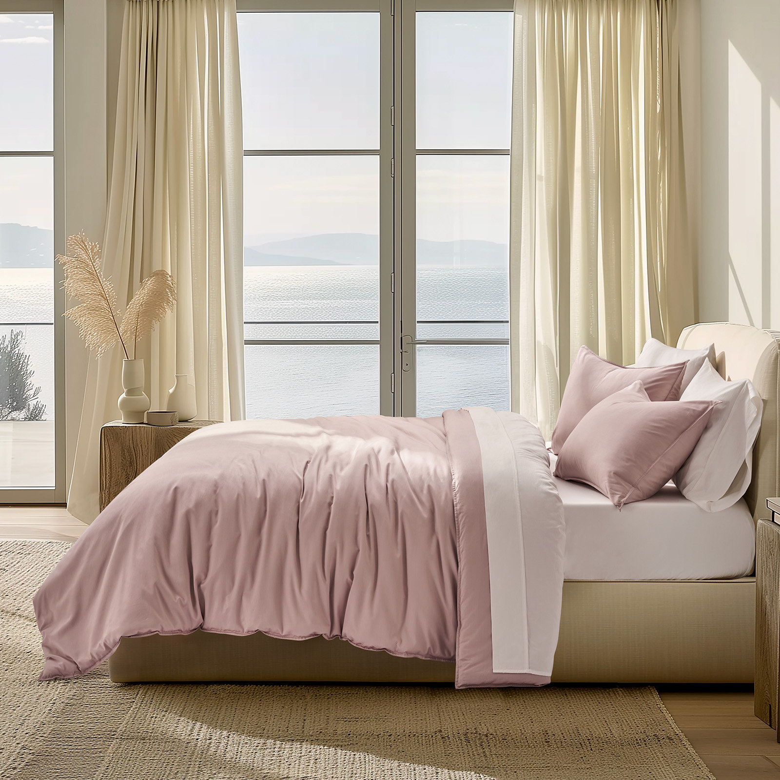 Cotton Tencel Duvet Cover Set, Queen Duvet Cover + 2 Queen Shams, Mauve Pink