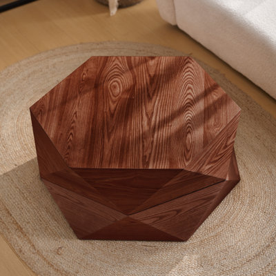 Table basse de 36,61 po de style rétro avec plateau rabattable Polygon, espace caché à couvercle rabattable, table basse cylindrique en placage de bois massif avec rangement pour le salon, la chambre à coucher et le bureau, brun rougeâtre, brun