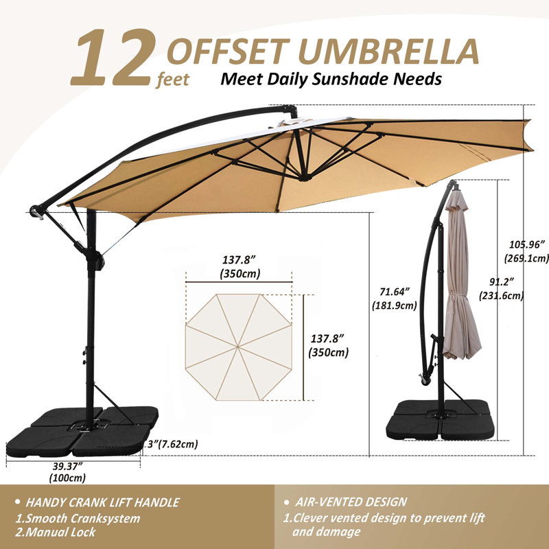 Parasol de patio en porte-à-faux décalé de 137,8 po avec base incluse Tanielu, Beige
