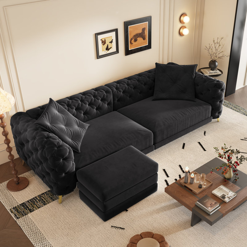 97.7" Velvet Upholstered Sleeper Sofa, King-Size Pull-Out Sofa Bed, 4-Seater Chesterfield Sofa with 2 Pillows, Black, Black