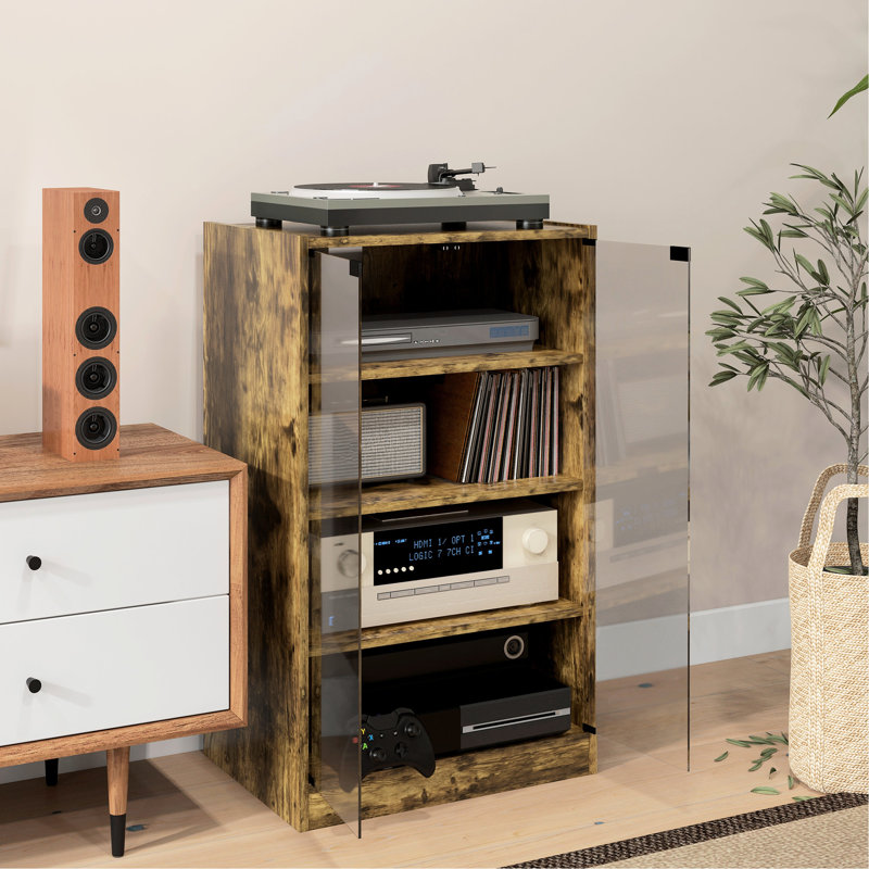 Armoire de rangement Rustic Brown Media - 4 avec tablettes réglables et portes en verre trempé pour appareils électroniques, lecteur, récepteur, console de jeu