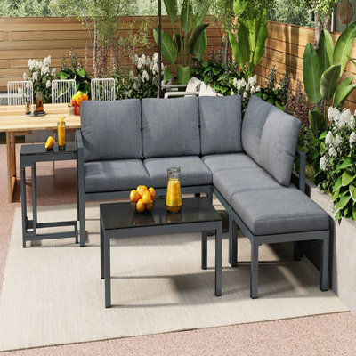 Grey 4-5 Seater All-Weather Corner Outdoor Lounge Set | Aluminum & Galvanized Iron Frame, 5-Piece Combo with Coffee Table, Side Table & Full Polyester Cushions