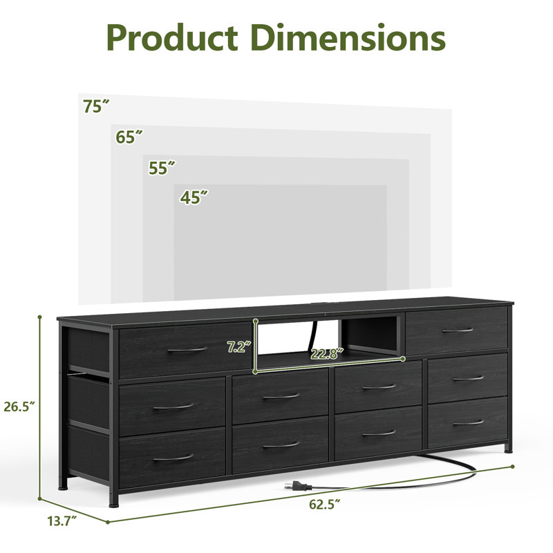 62.5-inch Tv Stand With Led Lighting, Charging Station & 10-drawer Storage – Modern Multi-functional Media Console For Living Room & Bedroom