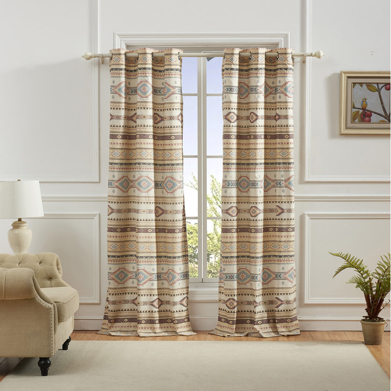 Phoenix Beige Southwest Geometric Light-Filtering Grommet Curtain Panels