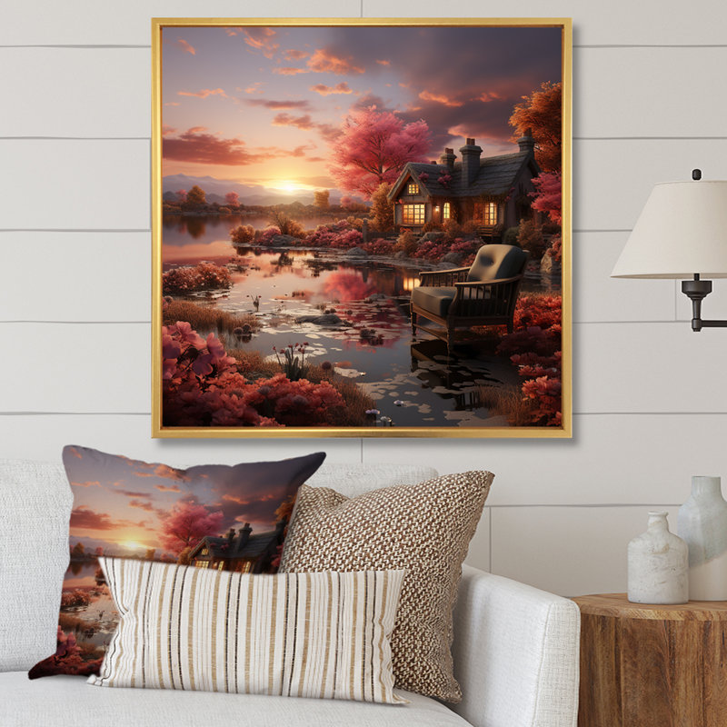 Cottage Sunset Sanctuary 2 - paysage, art mural sur toile, Cadre flottant doré, H 30 po x l 30 po x P 1,5 po