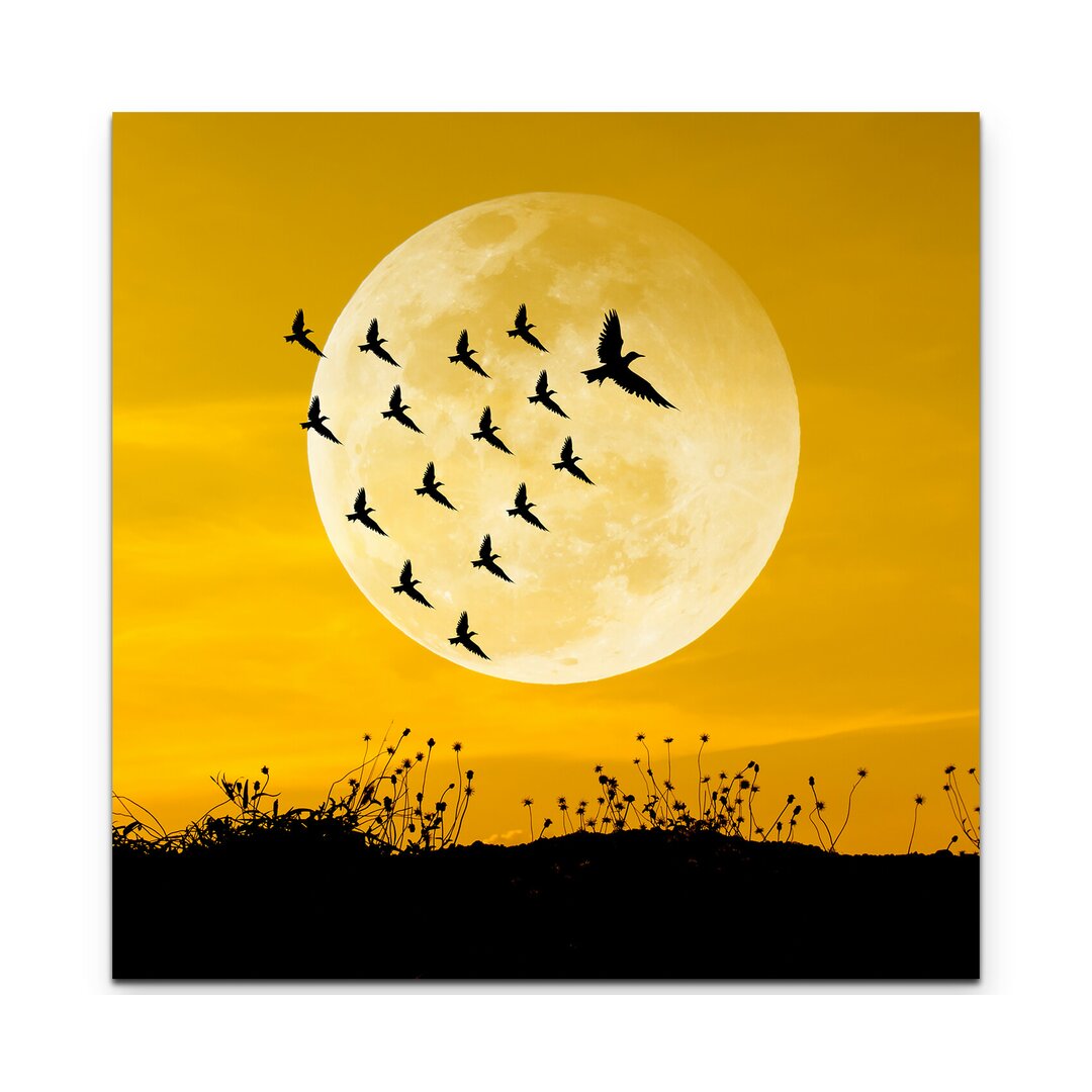 Leinwandbild Großer Vollmond mit Vogelsilhouetten