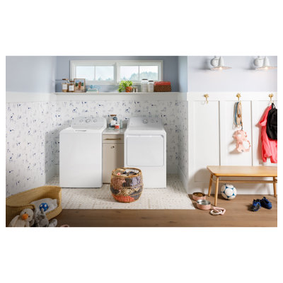 GE Appliances 4.0 cu. ft. Top Load Washer with Stainless Steel Basket and Water Level Control + 6.2 cu. ft. Electric Dryer with Up to 120 ft. Venting and Shallow Depth
