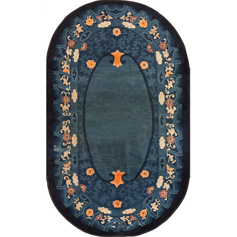 Antique 1920s Hand Knotted Pile Wool Oval Blue Chinese Art Deco Rug