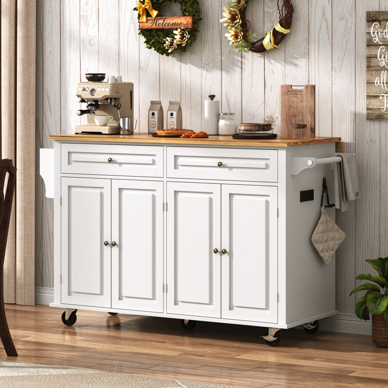 Rolling Kitchen Island With Drop Leaf, Movable Kitchen Carts On Wheels Island With Storage Cabinet, Island Table For Kitchen With Rubber Wood Top And Rack And Drawer, Matte