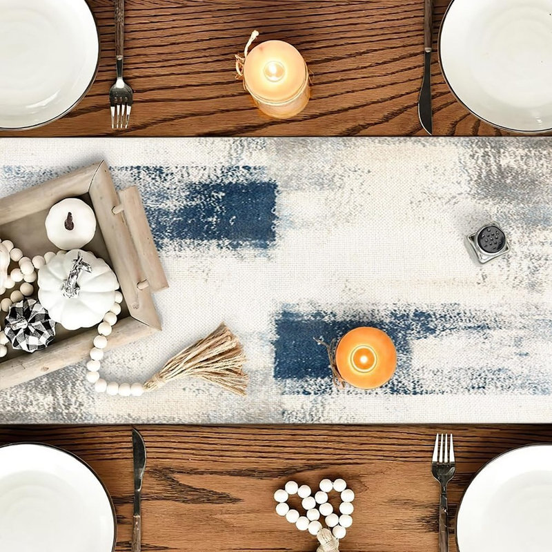 Chemin de table - bleu et blanc - abstrait moderne, rustique, décoration de table de salle à manger, fête / maison / fête
