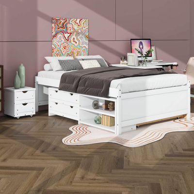  Altona Full Size Bed Frame With Trundle Bed,  2 Drawers, Shelves And Nightstand