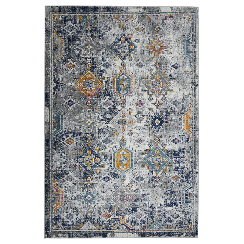 Blue and Orange Rectangular Synthetic Reversible Area Rug